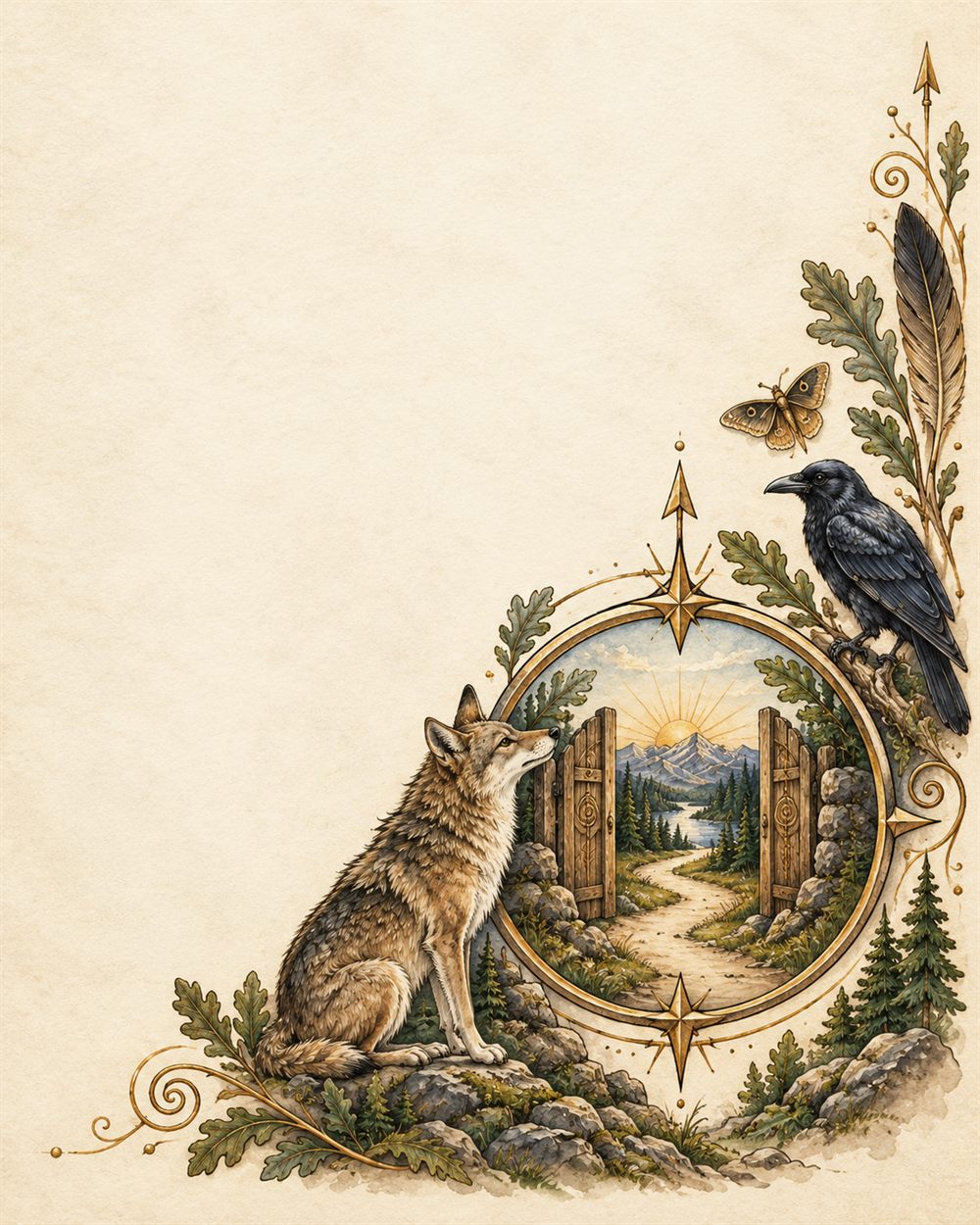 A coyote looks up to a crow beside a gilded roundel framing an open wooden gate onto a sunrise path