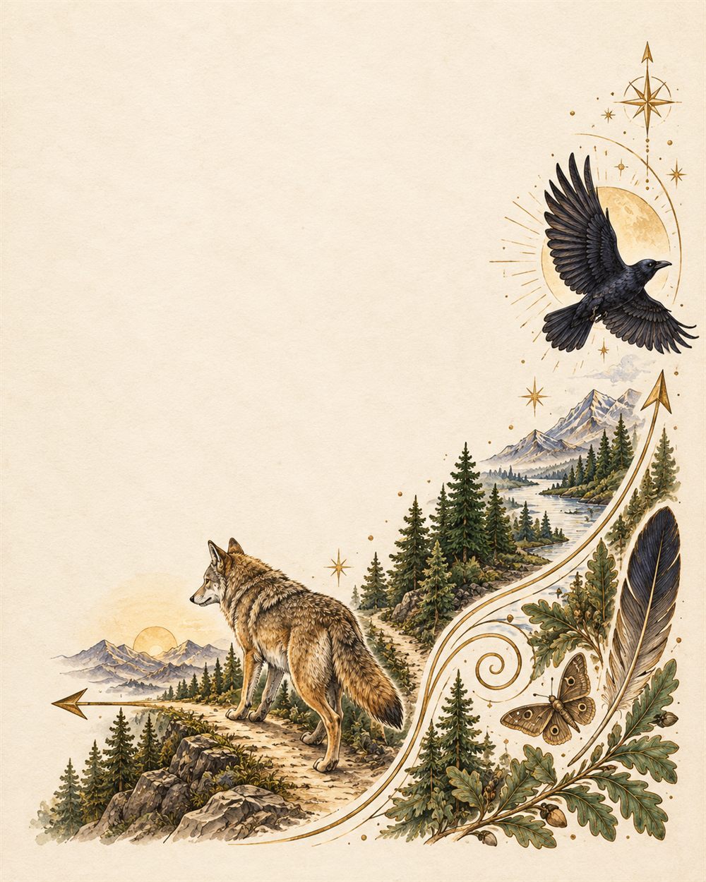 A coyote pauses on a ridge looking back down the trail as a crow flies across a gold moon