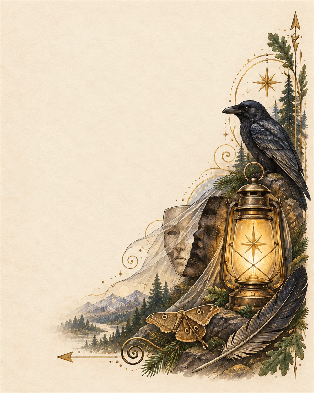 A lit lantern bearing a compass star illuminates theatre masks veiled in gauze, a crow keeping watch