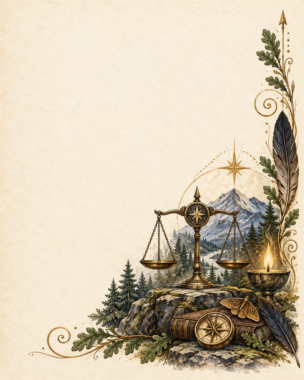 Brass balance scales crowned with a compass rose stand on stone beside an open book and an oil lamp