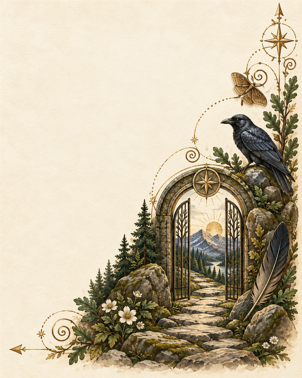 A stone archway with its iron gates standing open onto a path of set stones, a crow on the wall