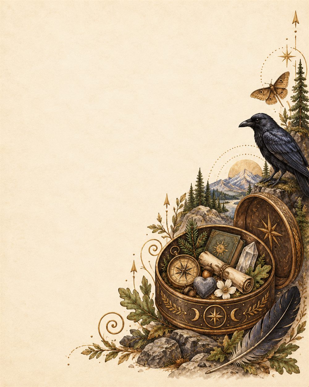 An ornate round box lies open holding a compass, scroll, book, crystal, heart stone and white flower