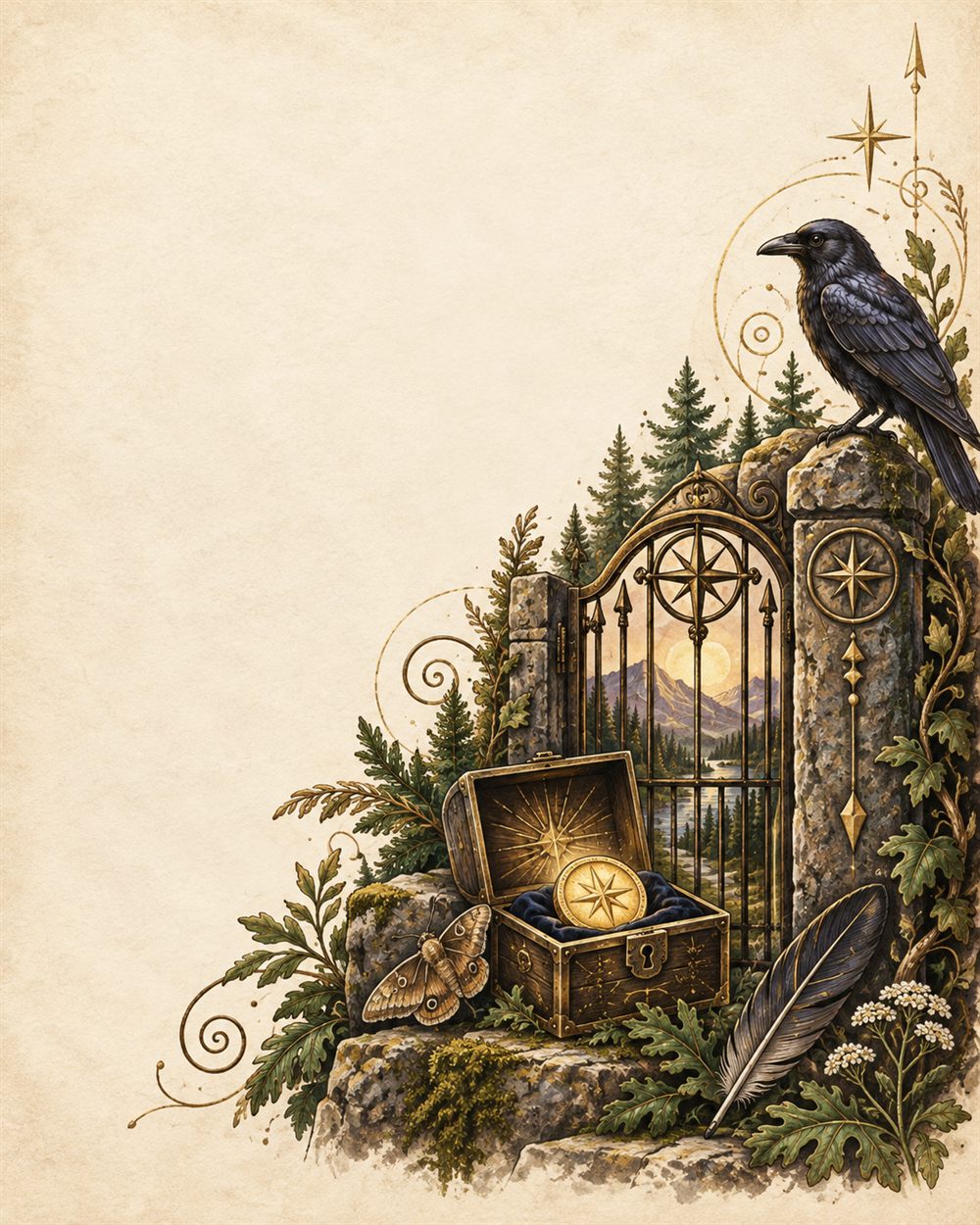 A crow on a stone pillar above an iron gate and a chest opened to a gold compass medallion