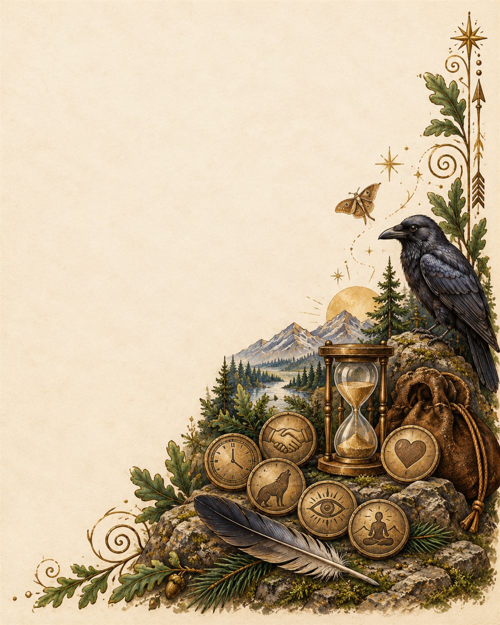 An hourglass among coin medallions of a clock, clasped hands, a howling coyote, an eye and a heart