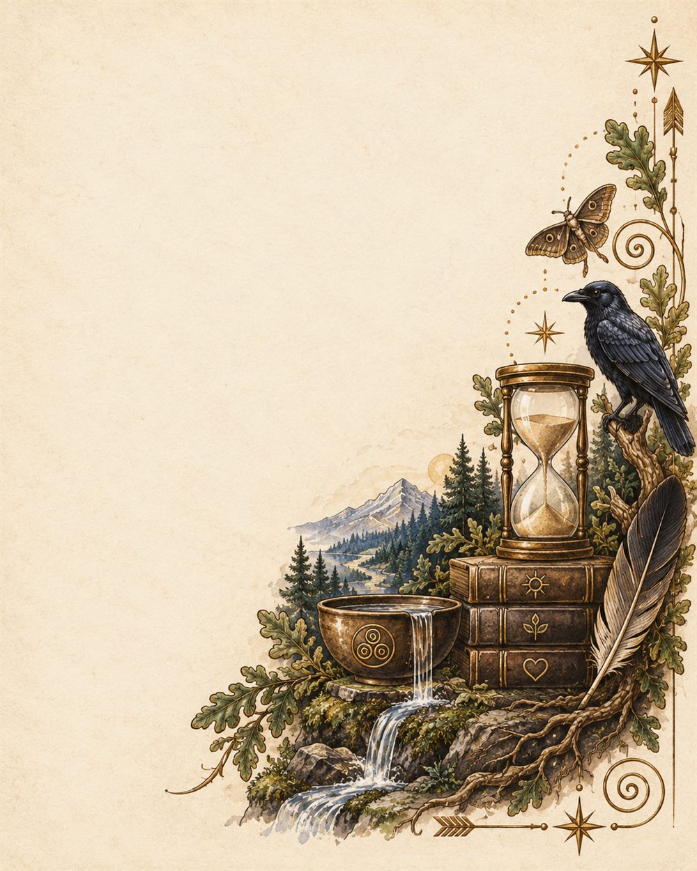 An hourglass rests on stacked books beside a bowl spilling water into a falling stream