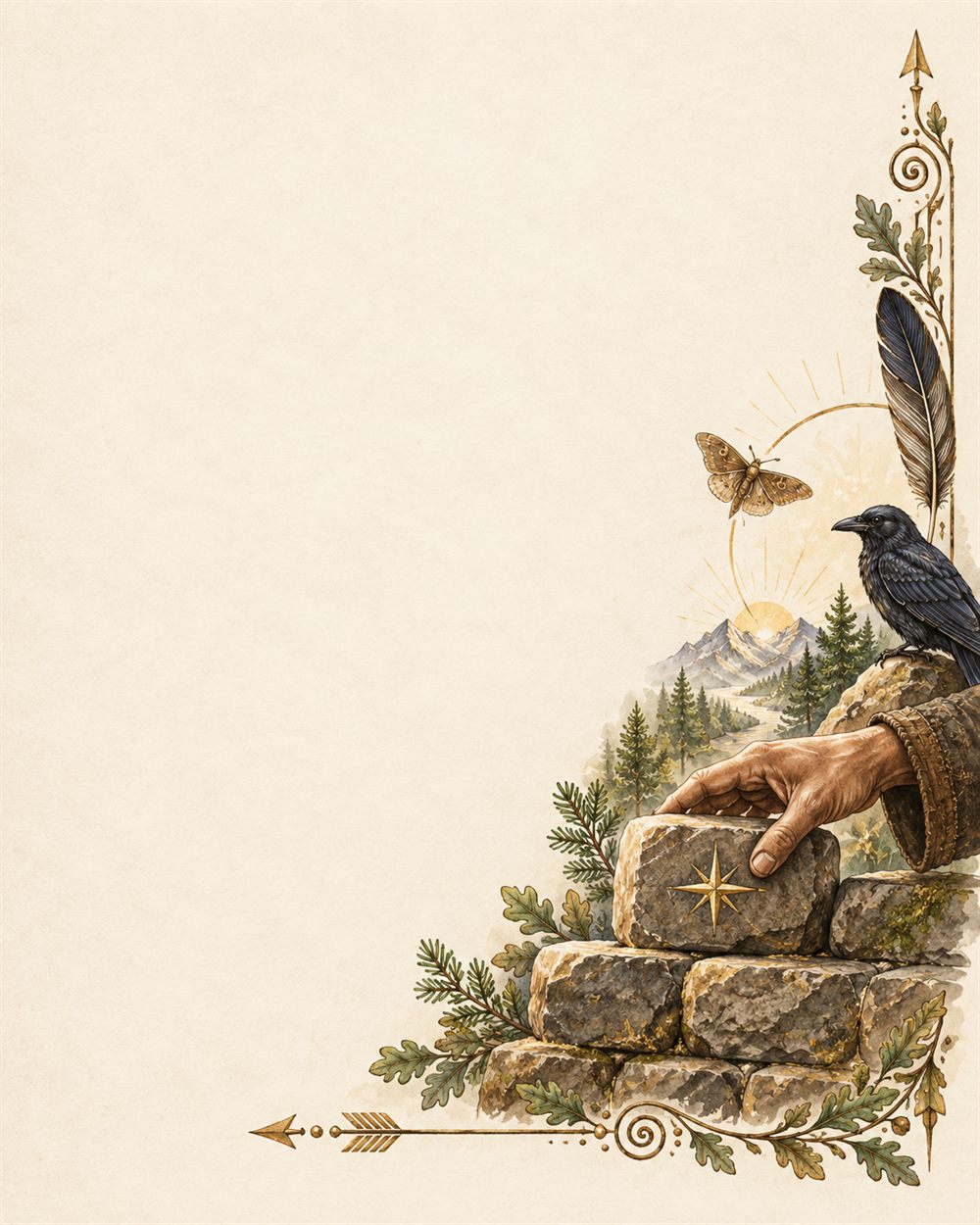 A weathered hand sets a compass-marked keystone into a rising wall of fitted stone