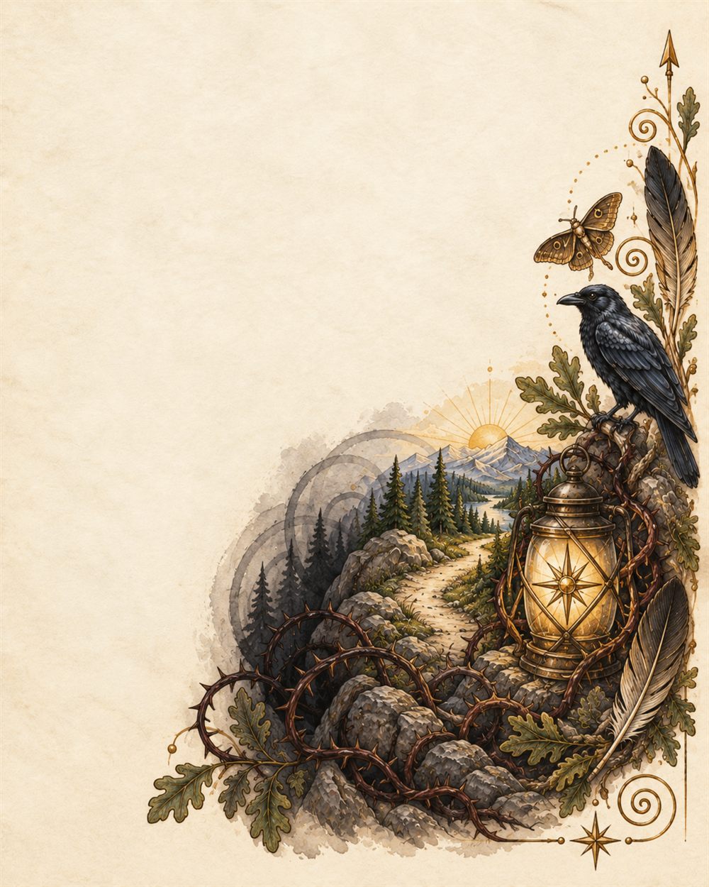 A lantern burning above a thicket of thorns, a shadowed forest behind and a lit path to the sunrise