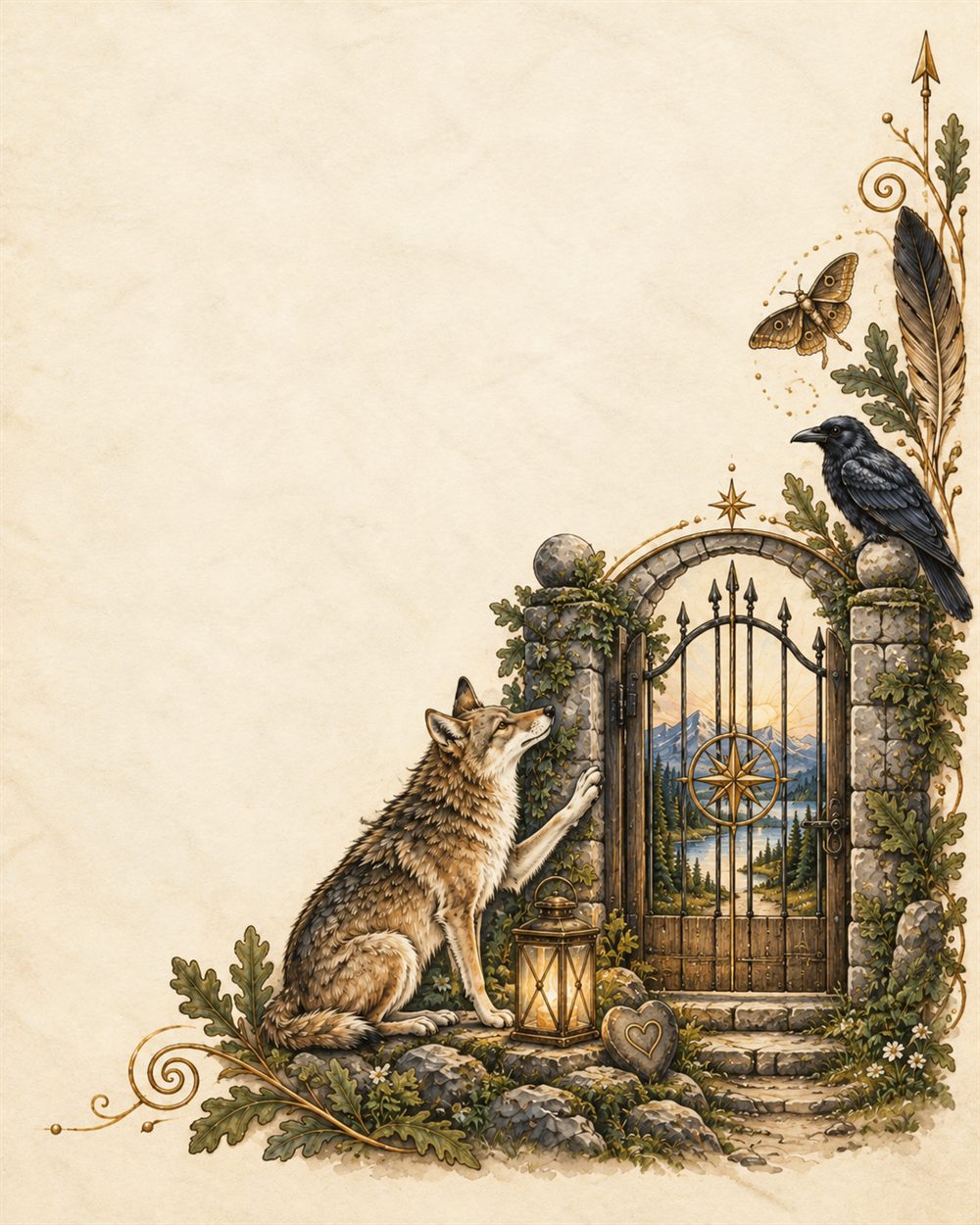 A coyote raises a paw to a closed iron gate beside a lantern and a heart carved in stone