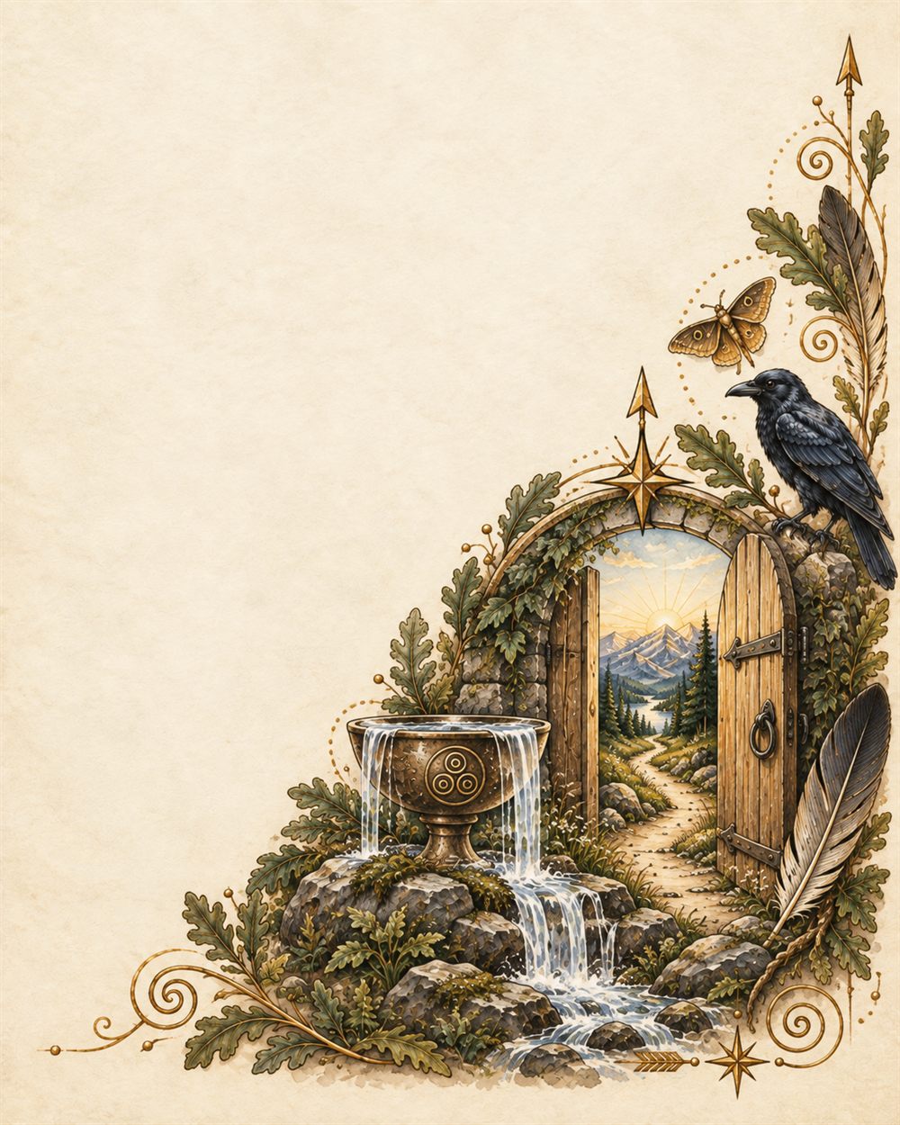 A stone chalice overflowing into a waterfall beside a wooden door standing open on a path