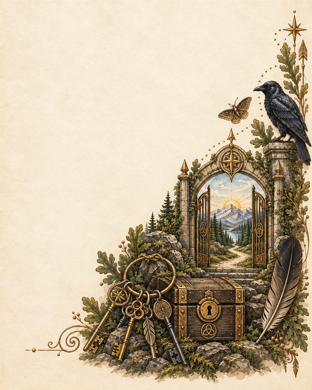 A ring of old keys resting against a locked and banded chest before a gated archway