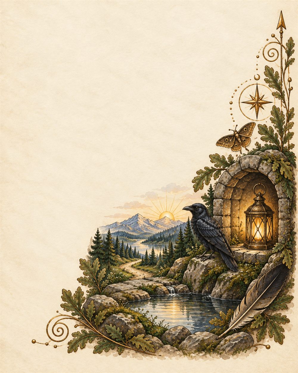 A lantern glowing in a stone alcove above a still reflecting pool at sunrise