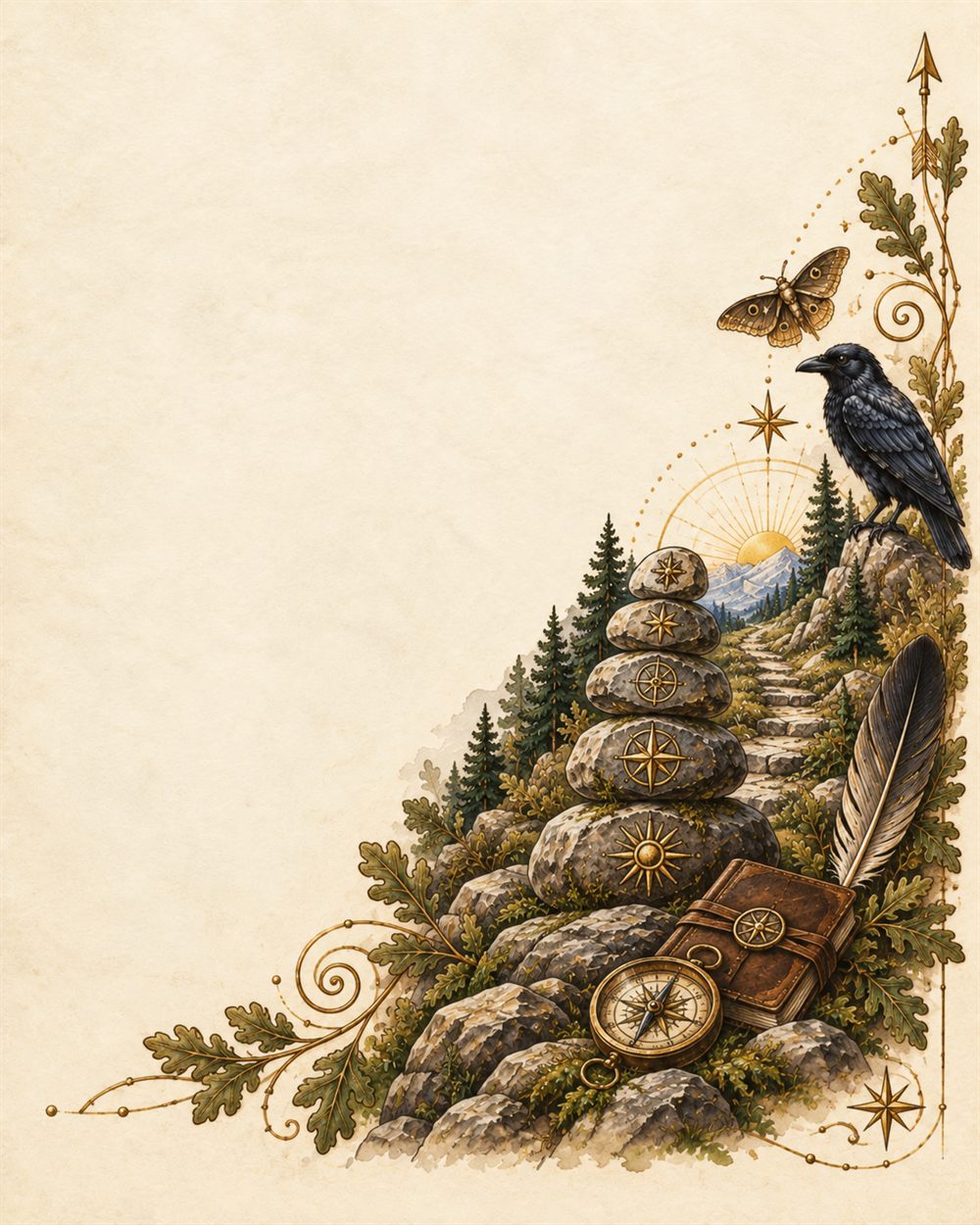A cairn of stacked stones each marked with a star, beside a worn journal and a brass compass