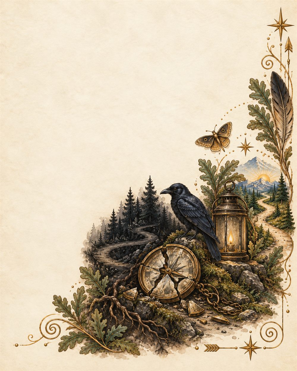 A cracked compass bound in chain, a dark forked trail behind it and a lantern still burning