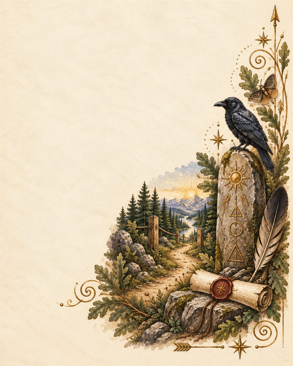 A standing stone carved with gold glyphs beside a wax-sealed scroll on a fenced path