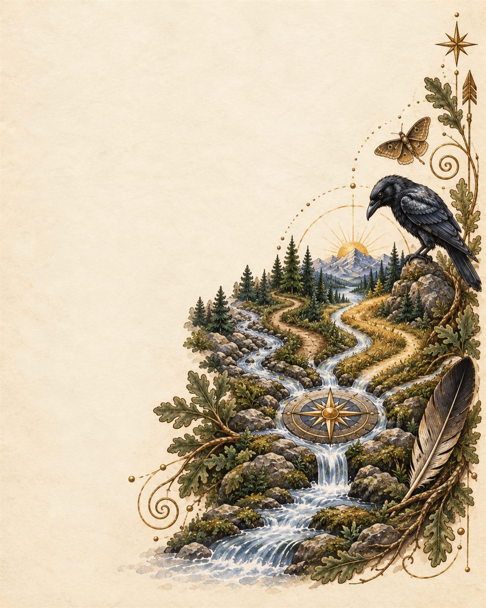 A river splitting into two divergent streams around a compass medallion set in the rock