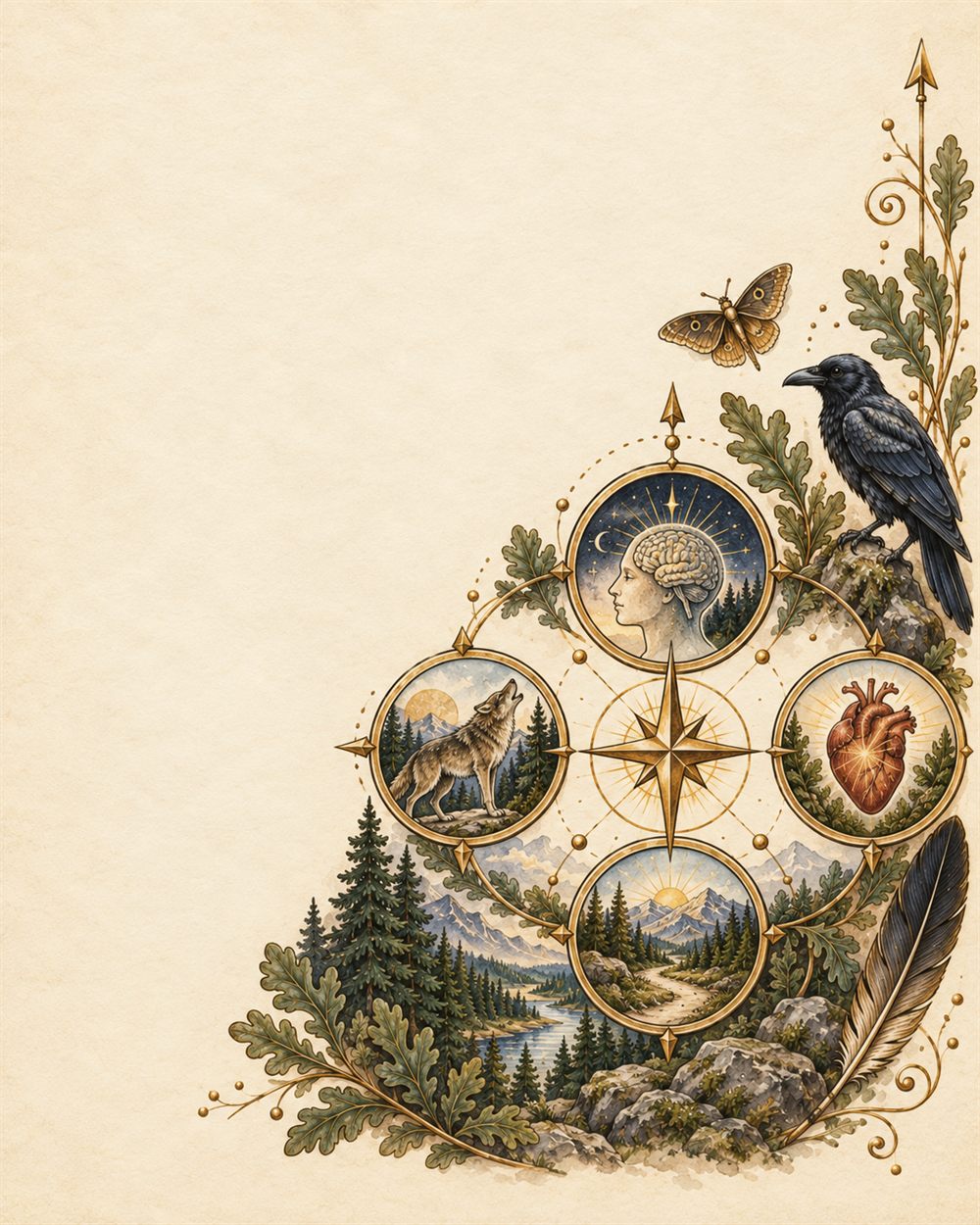 Four gold roundels holding a mind, a heart, a howling coyote and a path, ringed about a compass rose
