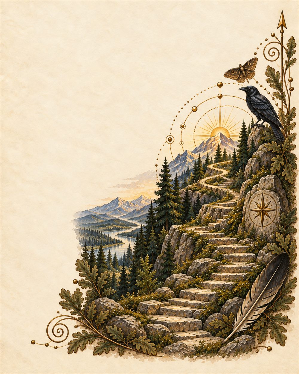 A long stair of set stone climbing the ridge toward a sunlit peak, a compass carved in the rock