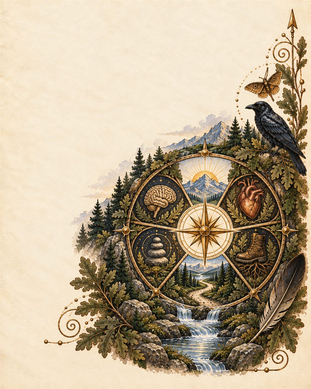 A great wheel quartered into mind, heart, balanced cairn and rooted boots around a compass rose