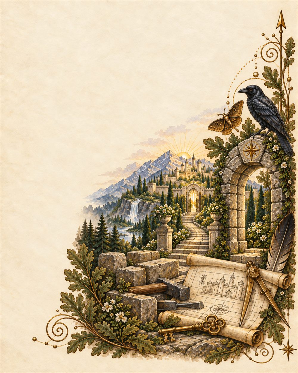 A walled citadel above the falls, with an architect's map, dividers, mallet, chisels and a gold key